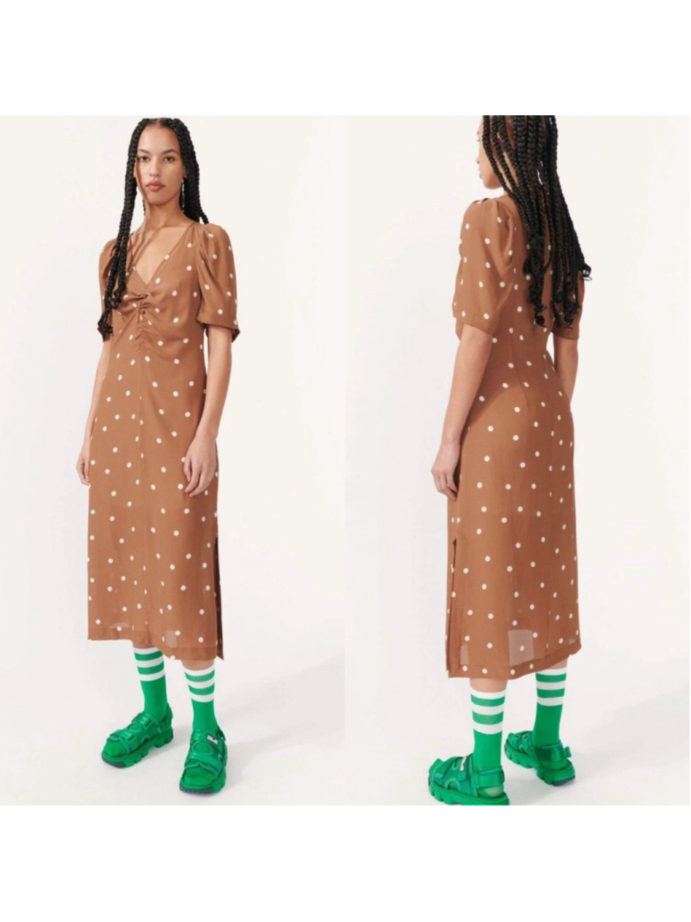 Baum und Pferdgarten Addax Brown Silk Blend Polka Dot Pretty Woman Midi Dress 36